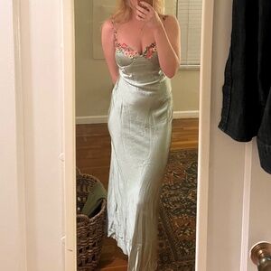 Green silk floral strap bridesmaid or wedding guest dress
